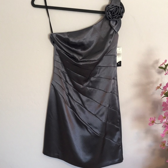 BCX Dresses & Skirts - BCX Junior Off the Shoulder Party Bodycon Satin Silver Color Midi  Dress Size 5